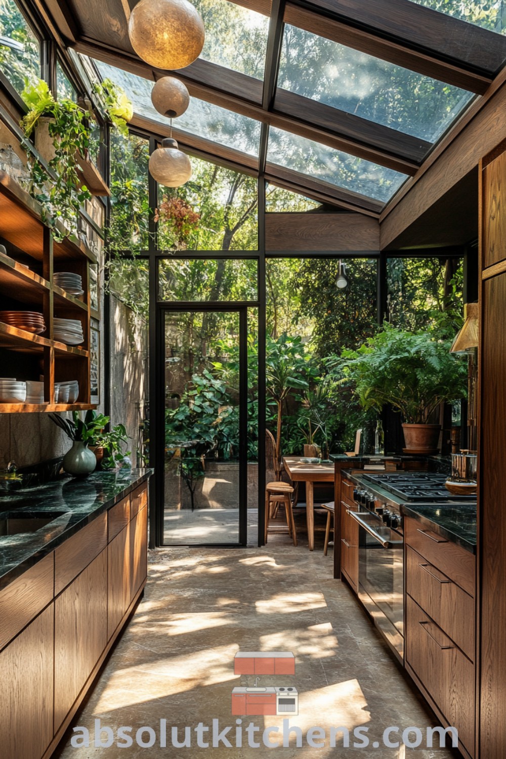 A stylish farmhouse kitchen featuring wooden cabinets, glass walls, and various decor ideas for enhancing kitchen aesthetics. This space embodies a cozy aesthetic with greenery and inspiring design trends, perfect for anyone seeking kitchen counter decor ideas. Visit absolutkitchens.com for more farmhouse kitchen inspiration.