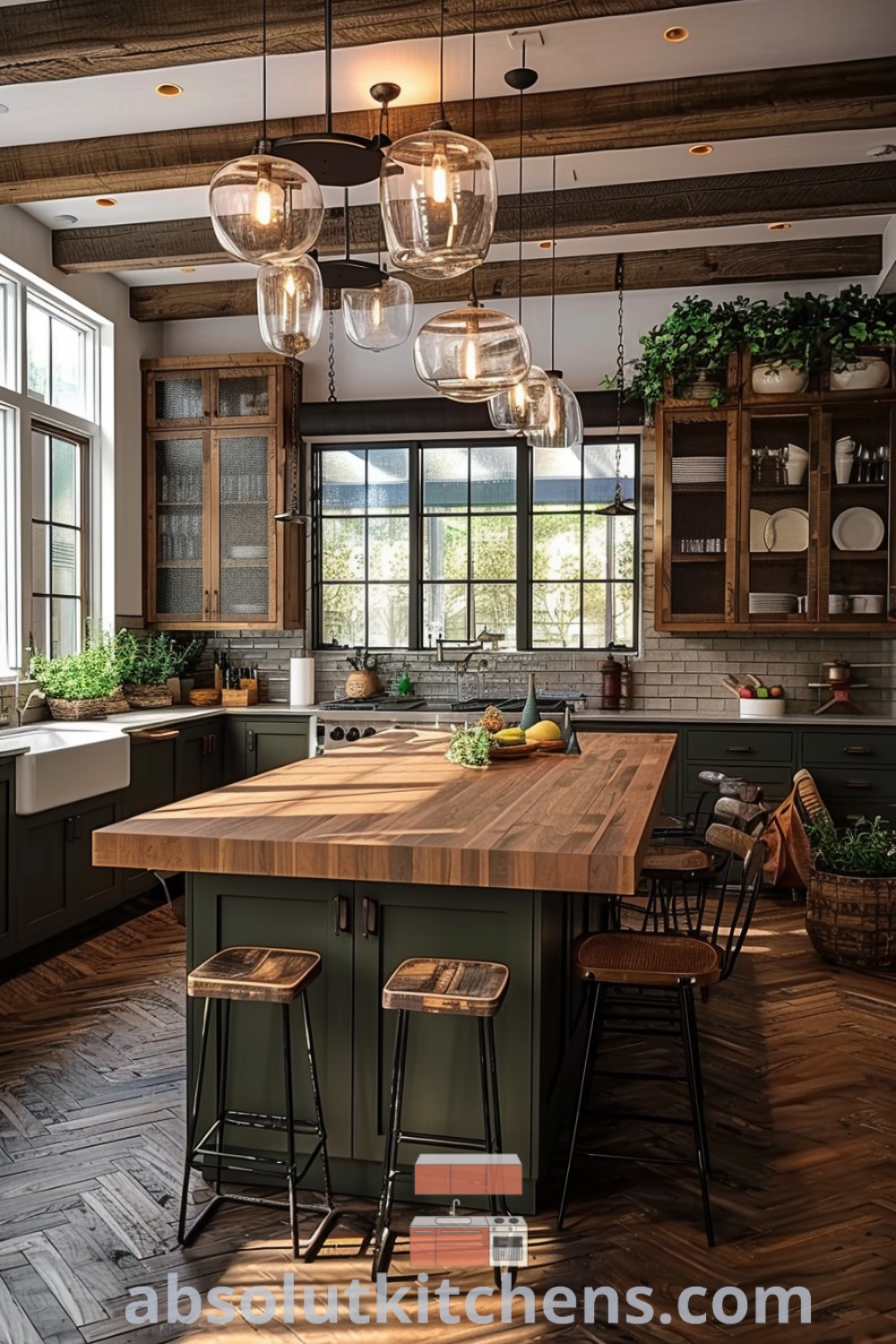 A large kitchen featuring a reclaimed wood kitchen island surrounded by wooden floors and bright overhead lighting, showcasing inspiration for farmhouse kitchen designs. Discover decor ideas for small spaces at absolutkitchens.com.