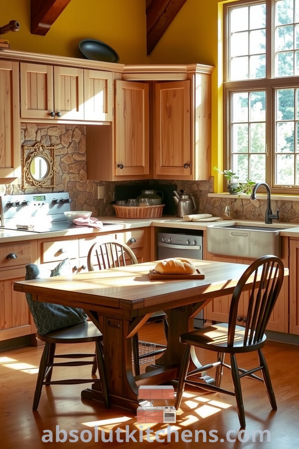 Cozy rustic kitchen with warm yellow tones, weathered wooden cabinets, stone backsplash, and butcher block countertop, featuring a sturdy table and farmhouse chairs, creating an inviting atmosphere for family gatherings and baking. Visit absolutkitchens.com for more cozy decor ideas.