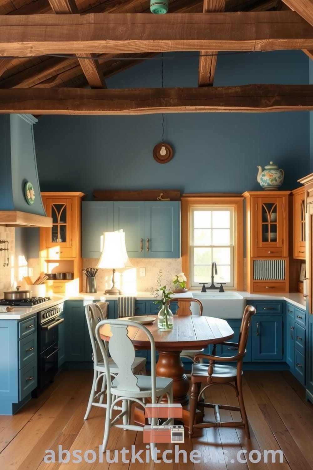 Charming rustic kitchen with calming blue tones, exposed wooden beams, oak cabinets, and a farmhouse sink, featuring a timeworn wooden table surrounded by mismatched chairs, creating a cozy atmosphere for culinary creativity. Visit fireplacesandwoodstoves.com for unique decor ideas and inspirations for your home.