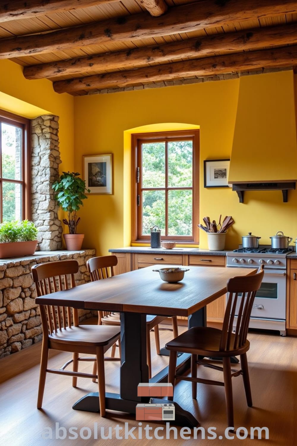 Cozy rustic kitchen with warm yellow walls, exposed wooden beams, and stone accents, featuring a central oak table with mismatched chairs and a window box of fresh herbs, offering inviting decor ideas for your home at fireplacesandwoodstoves.com.