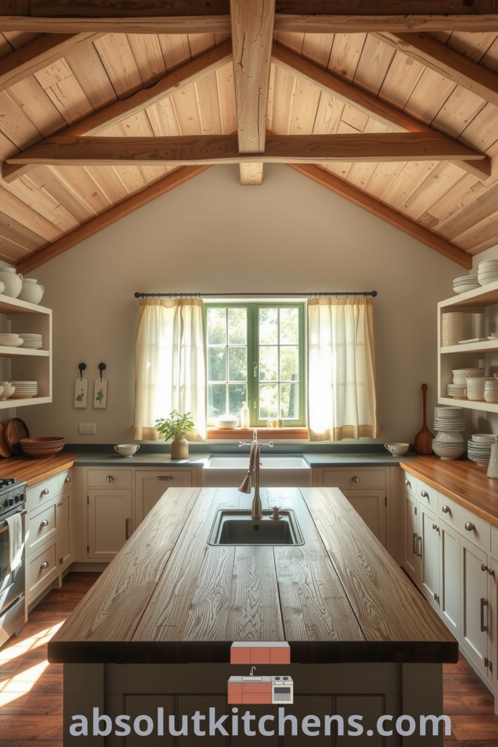 Cozy farmhouse kitchen with warm white tones, weathered wooden beams, a sturdy table, and open shelves displaying mismatched crockery, creating a welcoming atmosphere perfect for family gatherings. Ideas for your home and inspiring decor inspirations at absolutkitchens.com.