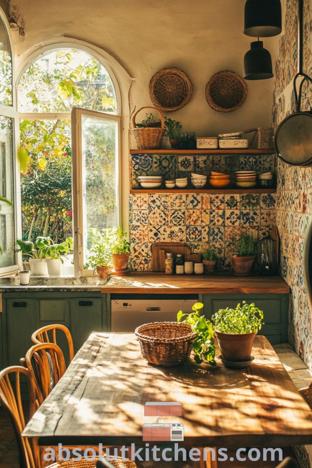 Bohemian Kitchen scene on absolutkitchens.com showcasing eclectic decor, cozy kitchen elements, and inspiring kitchen ideas for small spaces.