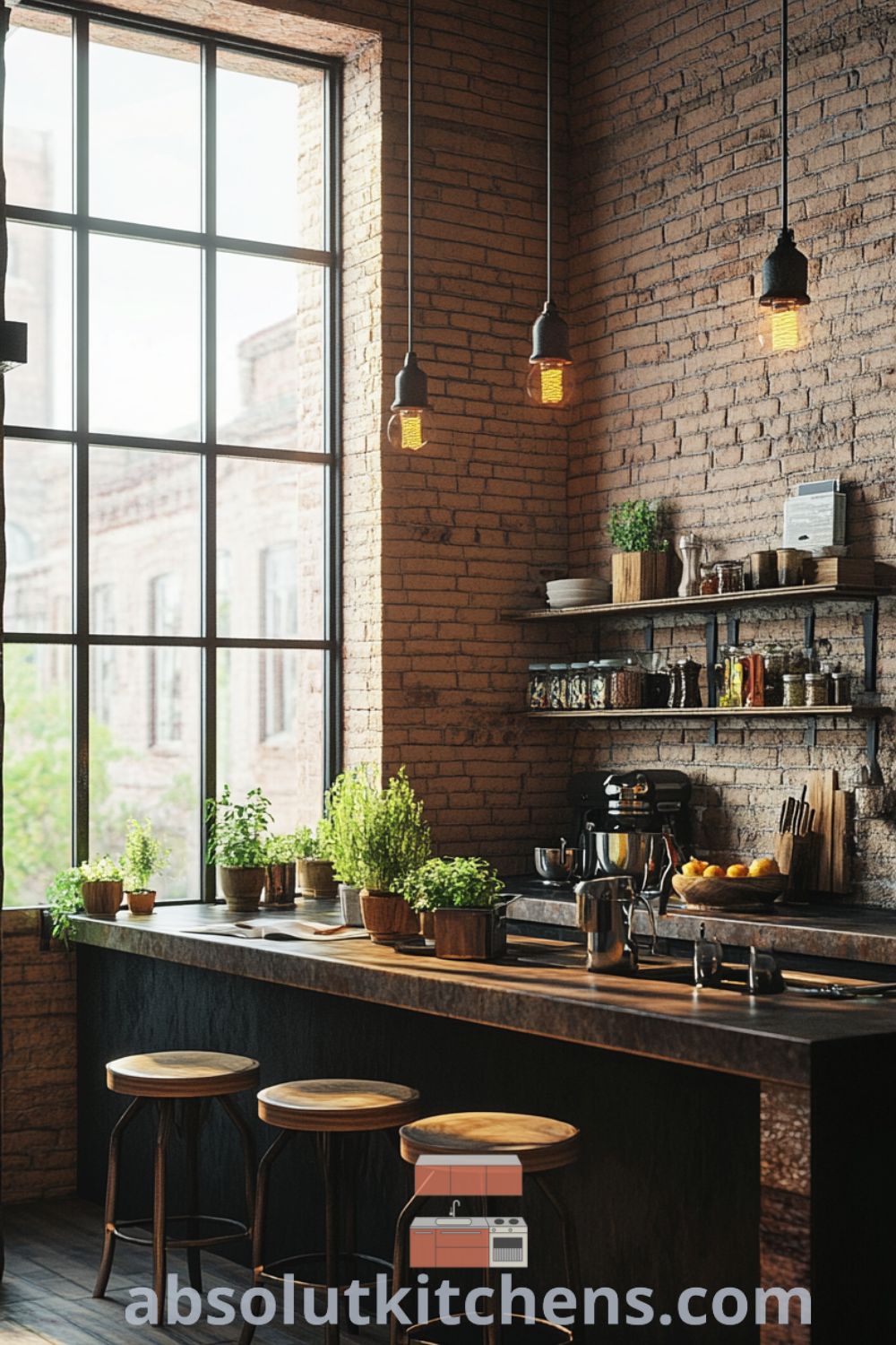 Cozy loft kitchen scene on absolutkitchens.com featuring exposed brick walls, cozy aesthetic, and design tips that inspire warm gatherings.