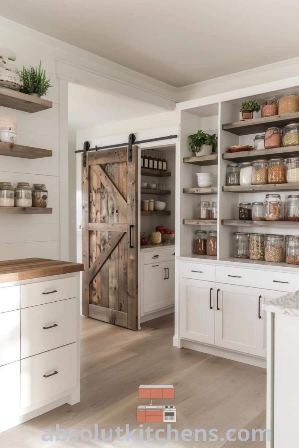 A charming farmhouse kitchen featuring white cabinets with open doors revealing a modern pantry, showcasing design trends and cozy aesthetic. This decor exemplifies farmhouse kitchen pantry ideas, offering inspiration for house or apartment designs at absolutkitchens.com.