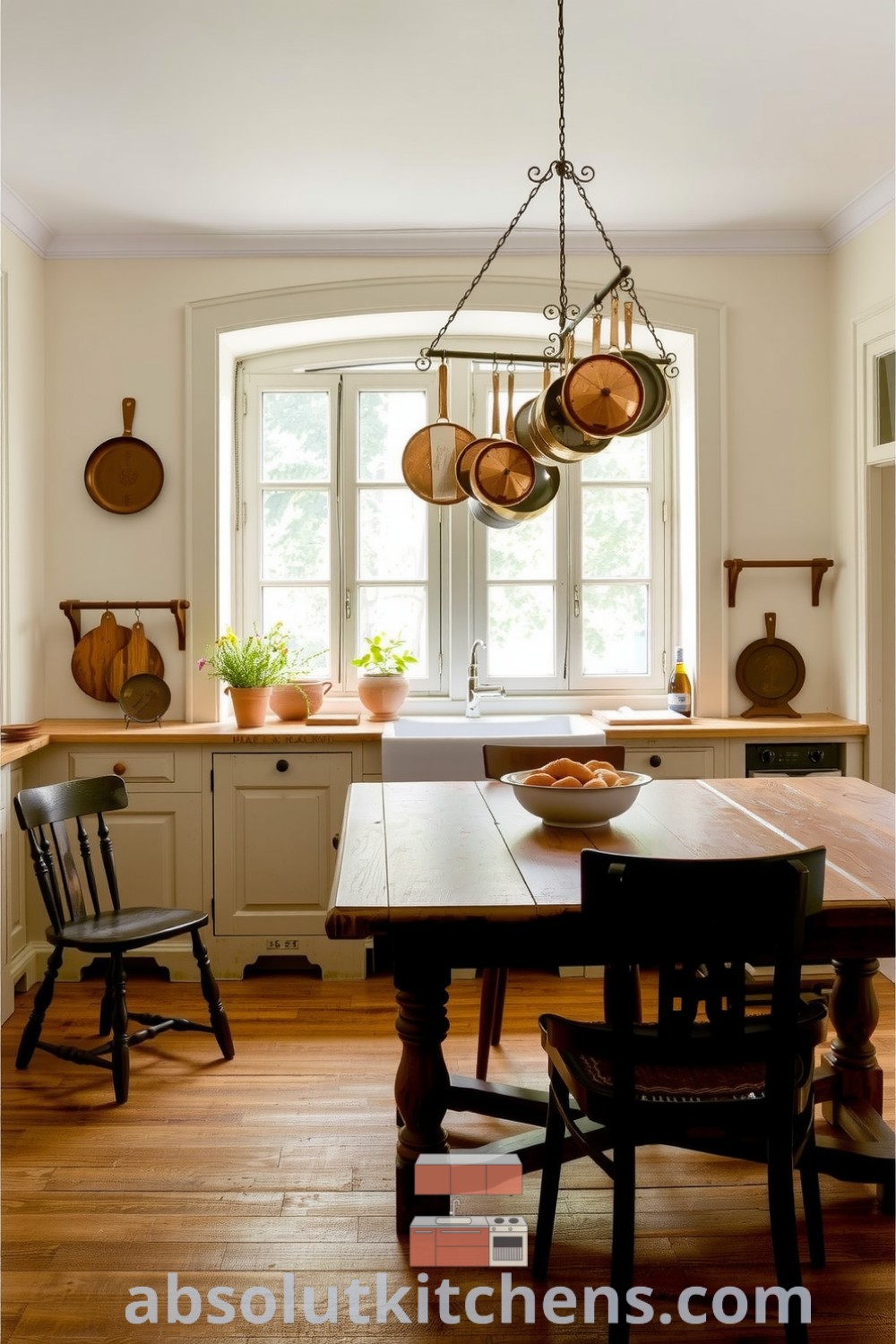 Cozy French kitchen featuring soft cream-colored walls, an oak table surrounded by mismatched chairs, and hanging copper pots, creating a warm and inviting atmosphere perfect for family gatherings. Visit absolutkitchens.com for cozy decor ideas and inspirations.