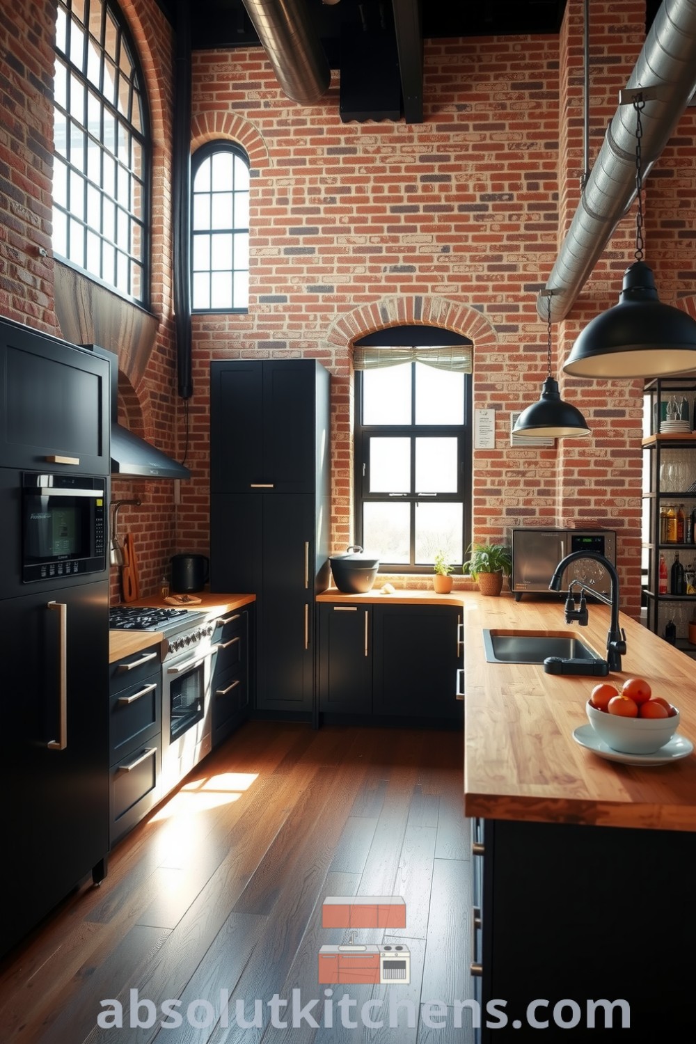 Loft kitchen featuring sleek black cabinetry, rustic wooden countertops, and textured brick walls, illuminated by large windows, creating a cozy atmosphere perfect for culinary creativity and gatherings. For more design ideas, visit fireplacesandwoodstoves.com.