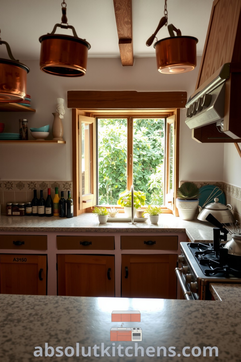 Cozy Mediterranean kitchen with sun-washed walls, wooden accents, a spacious granite countertop, colorful ceramic dishes on rustic shelves, a small herb garden on the sill, and hanging copper pots, showcasing inviting decor ideas for cozy homes from absolutkitchens.com.