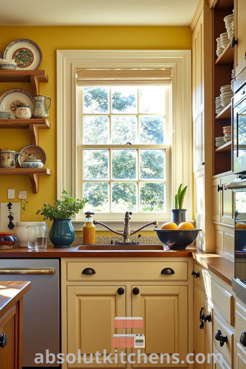 Cozy rustic kitchen decorated in soft yellow tones with weathered wooden cabinets, a butcher block island, and mismatched ceramic plates, capturing the essence of home warmth and inviting gatherings, featuring inspiring decor ideas from fireplacesandwoodstoves.com.