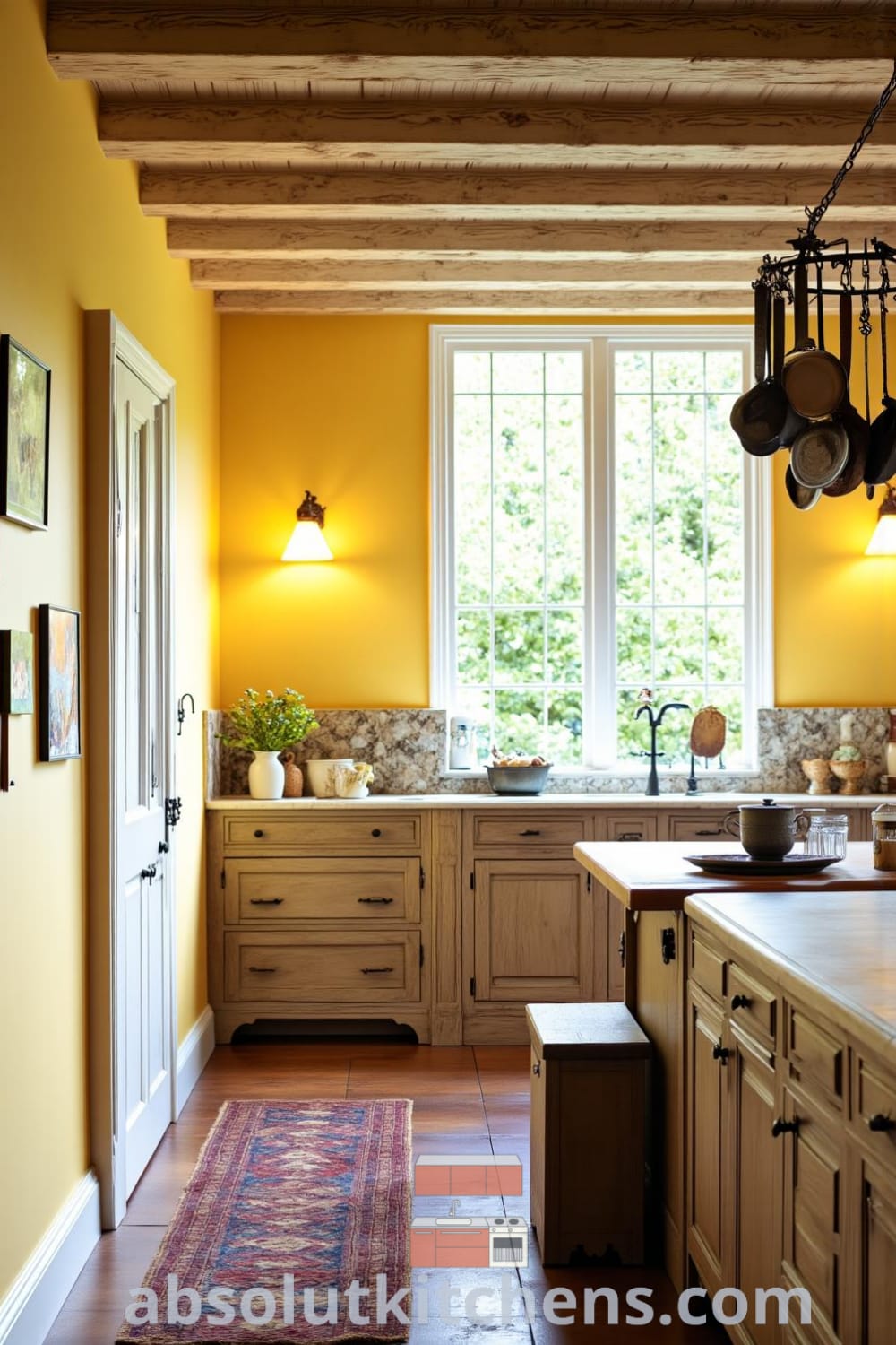 Cozy rustic kitchen featuring soft yellow walls, wooden beams, and a farmhouse table, adorned with mismatched ceramic bowls, celebrated for its inviting ambiance and practical decor ideas at fireplacesandwoodstoves.com.