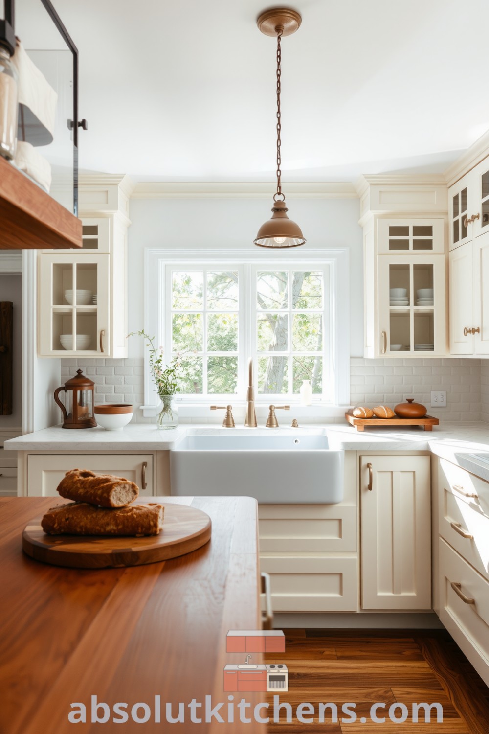 Bright modern farmhouse kitchen featuring creamy white cabinets, rustic wooden accents, a large farmhouse sink, and pendant lights, creating a cozy and inviting atmosphere ideal for family gatherings. Explore cozy ideas and design tips for your home at absolutkitchens.com.