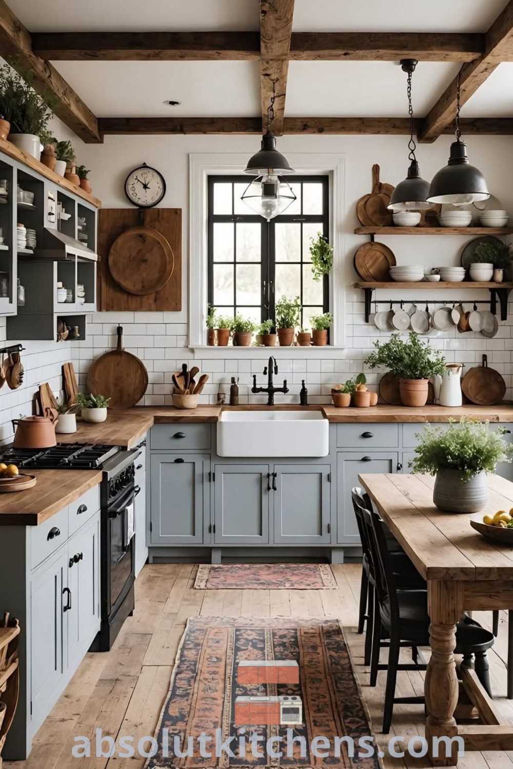 A cozy and inviting country style kitchen filled with lots of counter top space, rustic wooden shelves, and a stove top oven, offering design ideas for a farmhouse style house. Explore more inspiring decor ideas for small spaces at absolutkitchens.com.