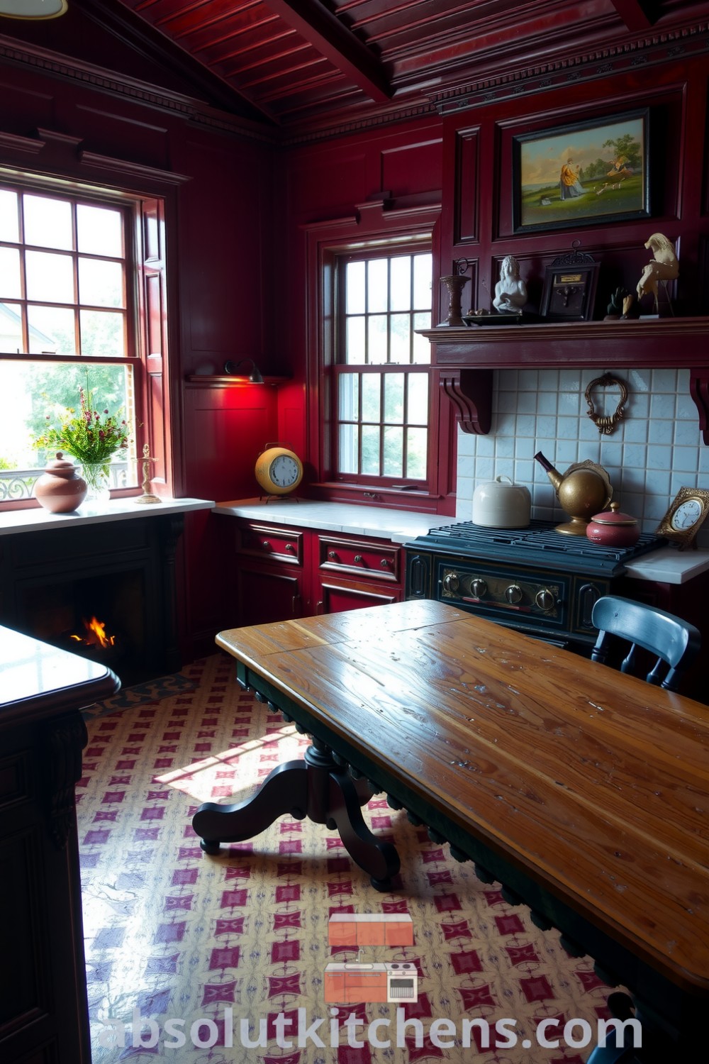Cozy Victorian kitchen featuring rich red cabinetry, polished marble countertops, a flickering fireplace, and a well-loved dining table, providing design ideas and inspiration for a warm and inviting home at absolutkitchens.com.