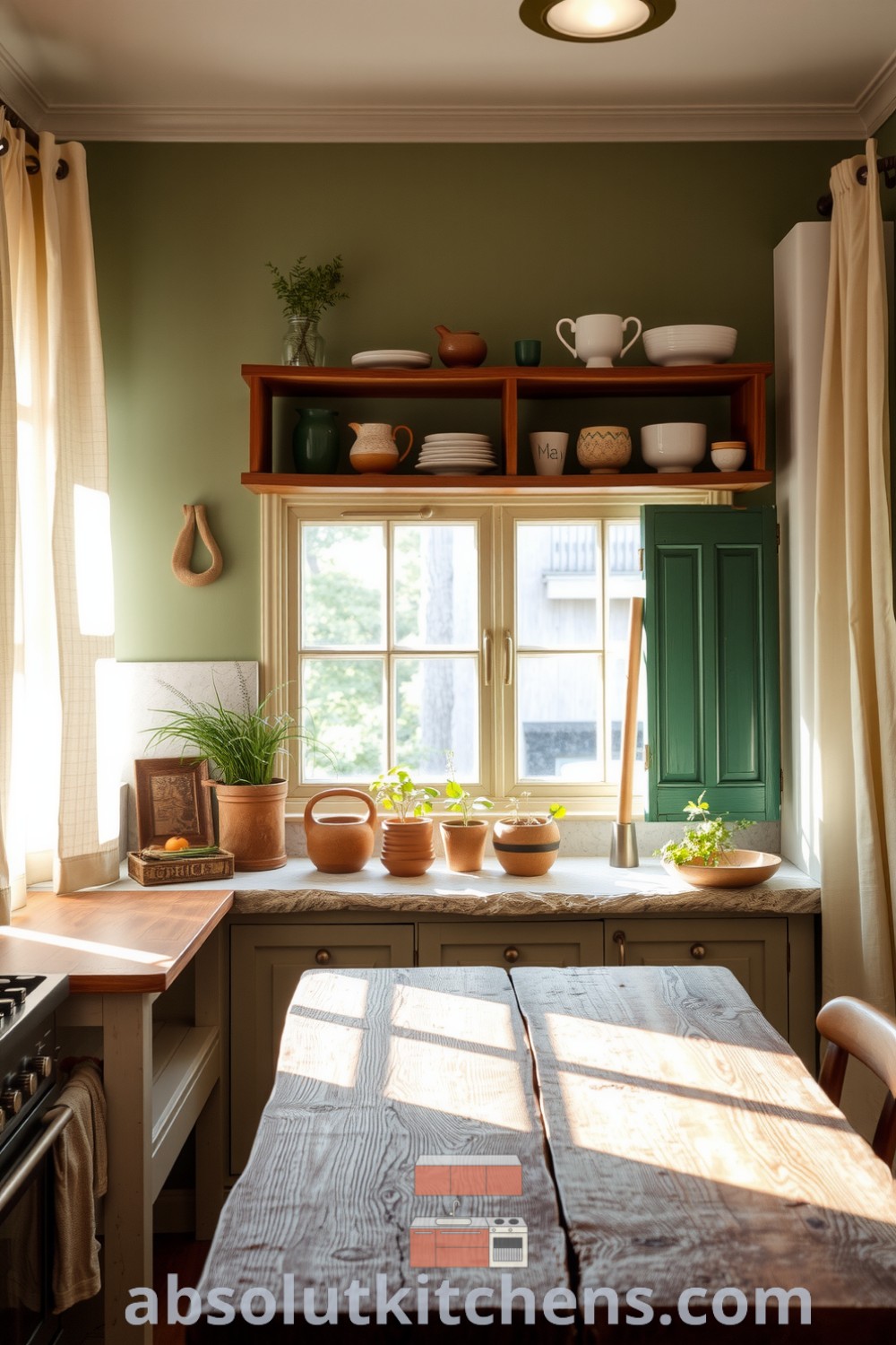 Cozy nature-inspired kitchen featuring sunlight filtering through sheer curtains, soft green walls, rustic stone and wood countertops, potted herbs on windowsills, and a reclaimed wooden table, creating an inviting and warm atmosphere for shared meals. absolutkitchens.com
