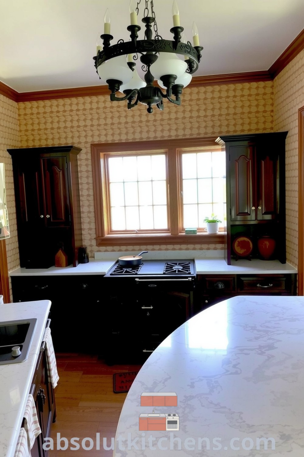 Victorian kitchen featuring beige walls, patterned wallpaper, dark-stained wood cabinets, a heavy marble countertop, and an antique cast-iron stove, designed to inspire cozy home decor ideas for a warm ambiance. Visit absolutkitchens.com for more inspirations.
