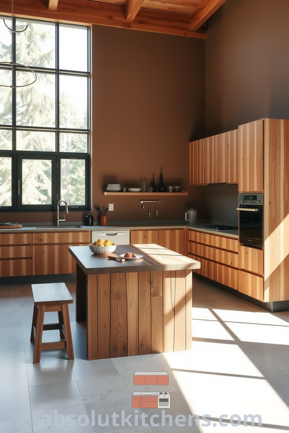 Cozy minimalist kitchen featuring a warm brown palette, large windows allowing natural light, simple wooden cabinetry, stainless-steel accents, and a rough-hewn wood island, creating a welcoming atmosphere with cozy ideas and inspiring designs for your home at fireplacesandwoodstoves.com.