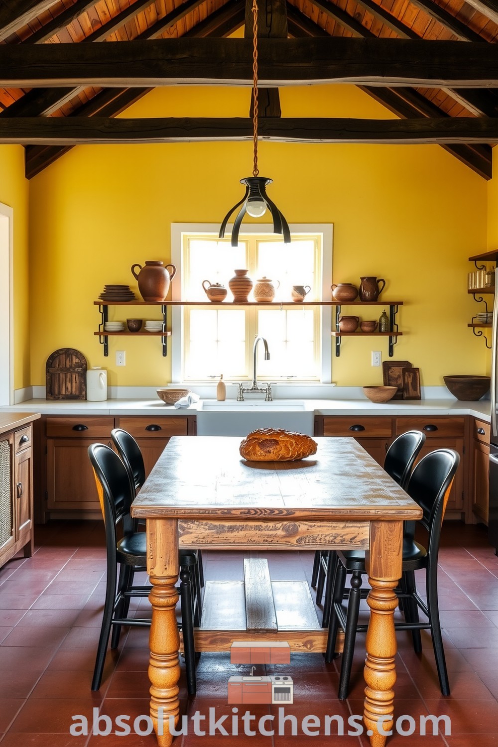 Cozy farmhouse kitchen featuring soft yellow walls, rustic wooden beams, a sturdy oak table surrounded by mismatched chairs, and handmade pottery on open shelves, creating an inviting atmosphere for gatherings, inspiration, and design ideas for your home at absolutkitchens.com.
