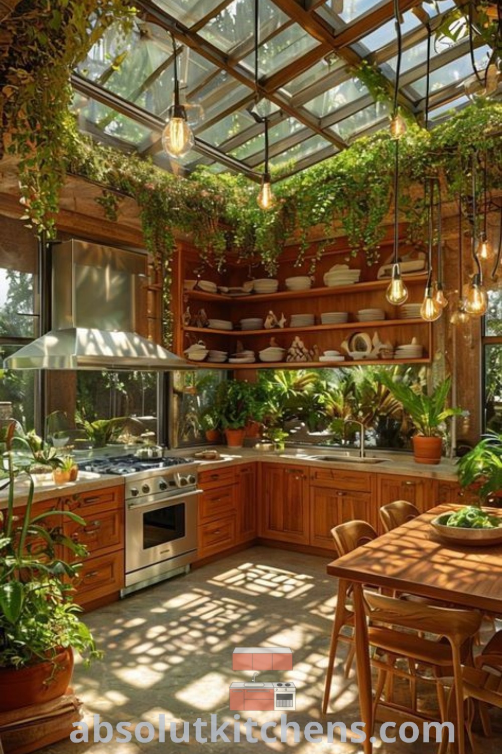 A beautiful kitchen filled with potted plants and hanging lights above the stove, showcasing a solarpunk and nature-themed aesthetic that promotes a cozy and warm kitchen. This design offers inspiring decor ideas for small spaces and the perfect earthy home kitchen inspiration at absolutkitchens.com.