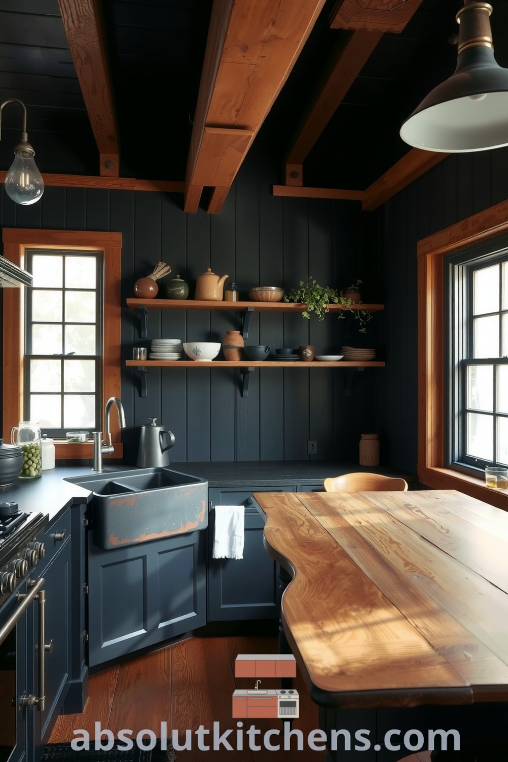 Cozy black farmhouse kitchen featuring exposed wooden beams, wrought iron fixtures, a weathered farmhouse sink, and unique pottery on shelves, showcasing inviting decor ideas for a warm and lived-in aesthetic. Visit absolutkitchens.com for inspiring decor ideas.