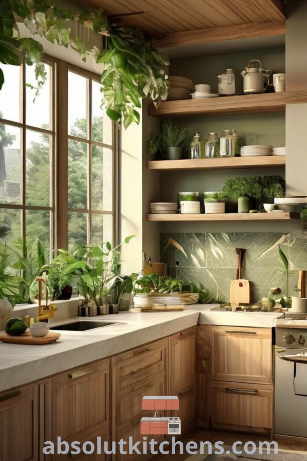 A modern tropical kitchen featuring abundant green plants and stylish pots on the countertops, showcasing sustainable decor ideas for house or apartment. This vibrant kitchen design blends earthy elements with a cozy aesthetic, offering inspiring decor ideas and design tips from absolutkitchens.com.