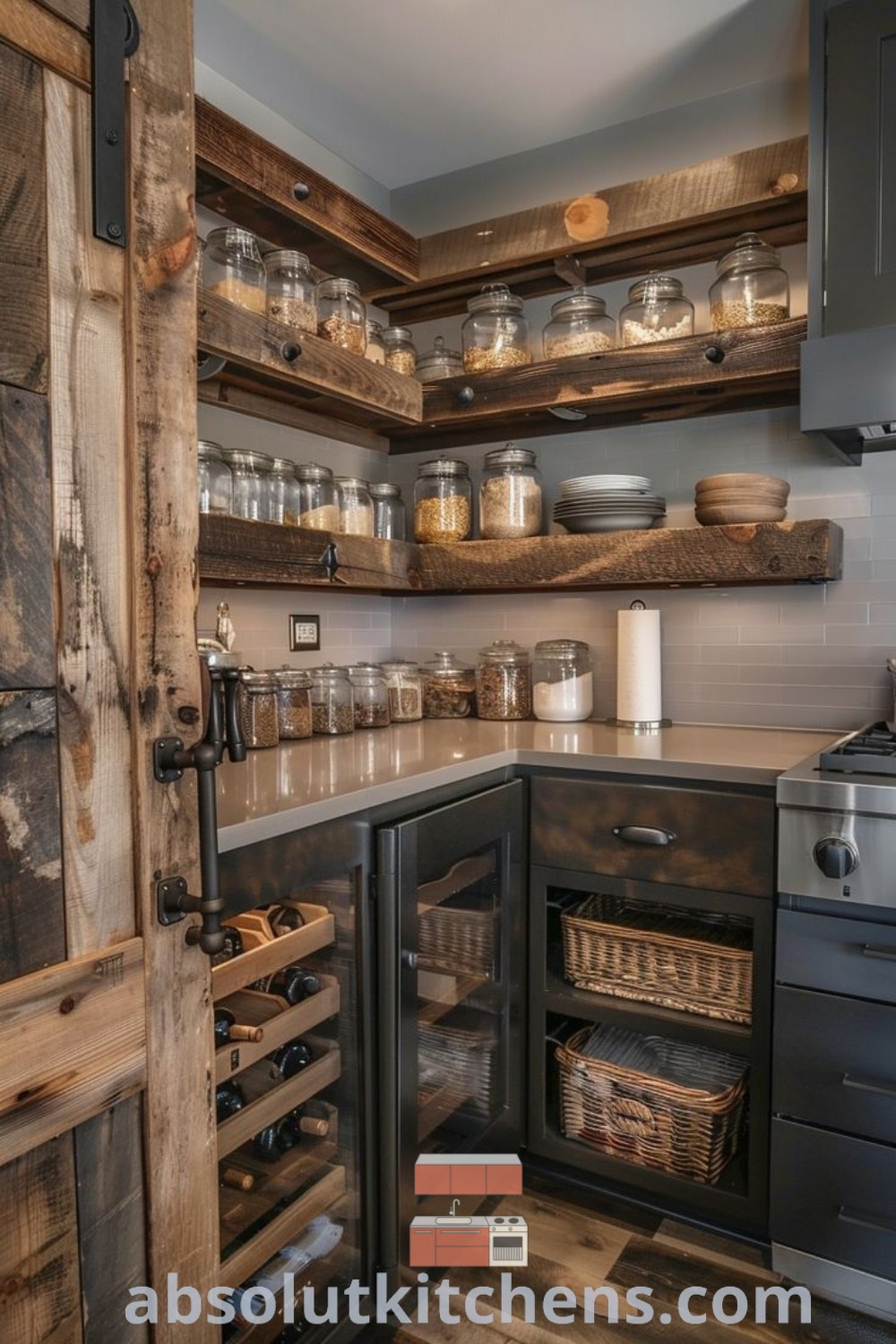 A modern rustic kitchen filled with wooden shelves, showcasing functional design and cozy aesthetic. This space highlights country rustic kitchen ideas and offers a stylish pantry for a warm, inviting atmosphere. Discover more inspiring decor ideas for your home at absolutkitchens.com.