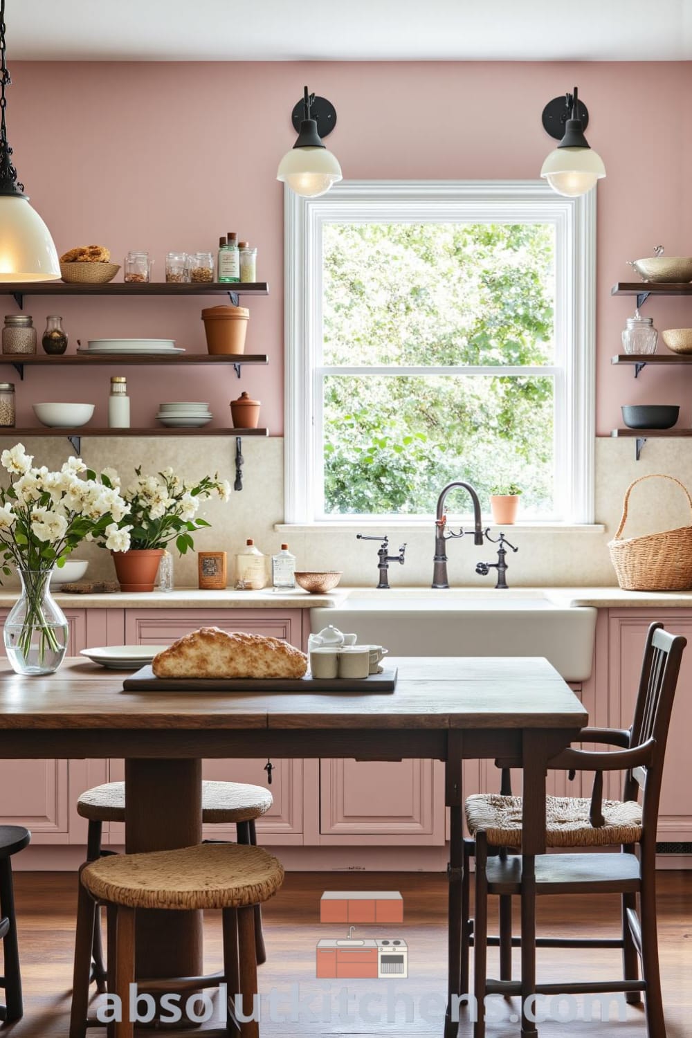 Rustic kitchen with soft pink accents, timeworn wooden cabinets, and a farmhouse sink under a sunlit window, showcasing cozy decor ideas and inspiring design ideas for a warm and inviting atmosphere, featured on fireplacesandwoodstoves.com.
