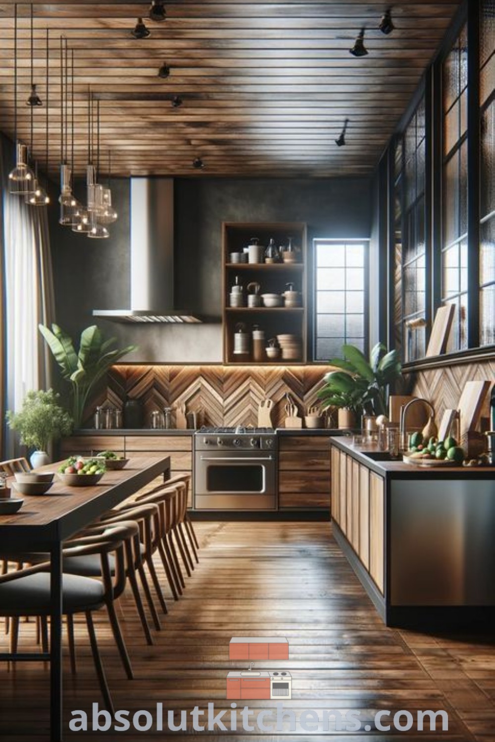 A spacious eclectic modern rustic kitchen with wooden floors and walls, featuring an island table surrounded by chairs. This kitchen design integrates elements of bohemian and modern rustic styles, showcasing decor ideas for house or apartment. Find more inspiring kitchen design trends at absolutkitchens.com.