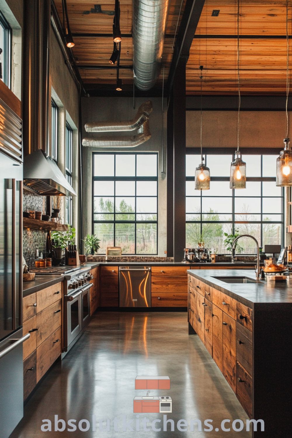 Stylish Urban Loft Kitchen scene on absolutkitchens.com featuring a mix of stainless steel appliances and rustic wooden cabinets, showcasing loft kitchen design, modern lofts, and cozy decor ideas for small spaces.