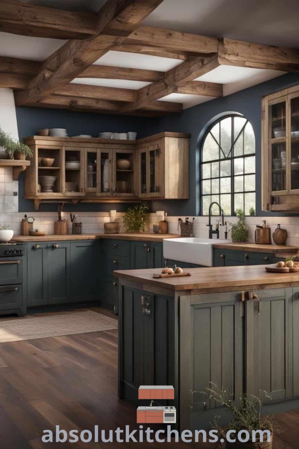 A large farmhouse style kitchen with wooden floors, blue walls, and wood beams on the ceiling, featuring rustic kitchen cabinets and cozy decor ideas for a warm atmosphere. Explore farmhouse kitchen inspirations and design trends at absolutkitchens.com.