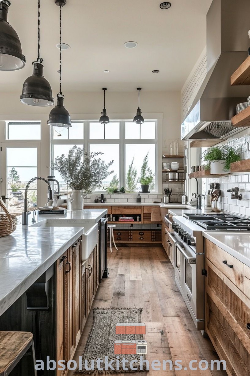 A large U shaped kitchen with wooden floors and white countertops, featuring an island and abundant hanging lights, provides functional design trends and cozy aesthetic ideas for house or apartment decor. Discover more inspiring kitchen layouts at absolutkitchens.com.