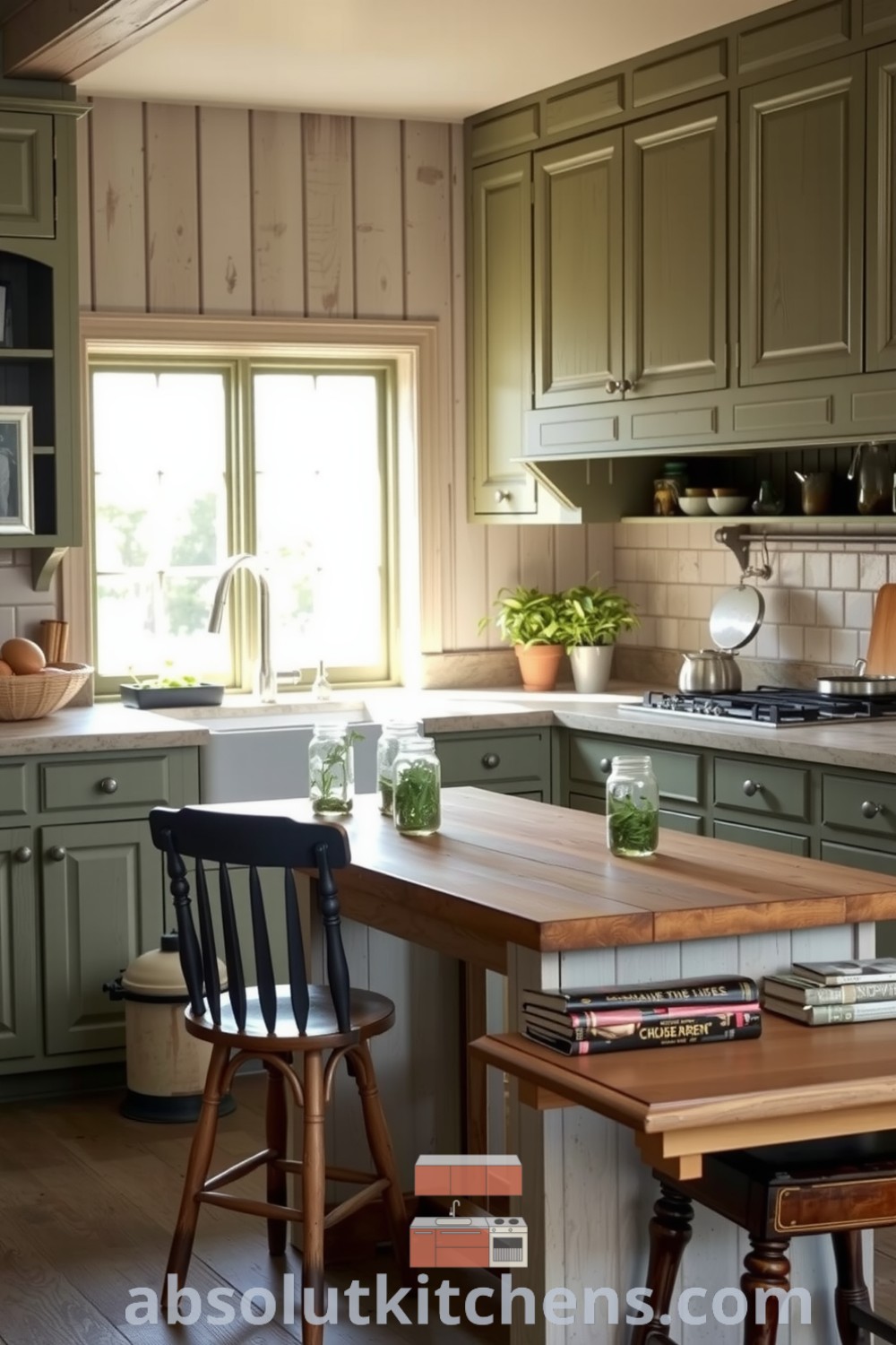 Cozy farmhouse kitchen featuring soft olive wooden cabinets, sunlit stone countertops with fresh herbs, and a rustic dining table surrounded by mismatched chairs, creating an inviting atmosphere. For more inspiring decor ideas, visit absolutkitchens.com.