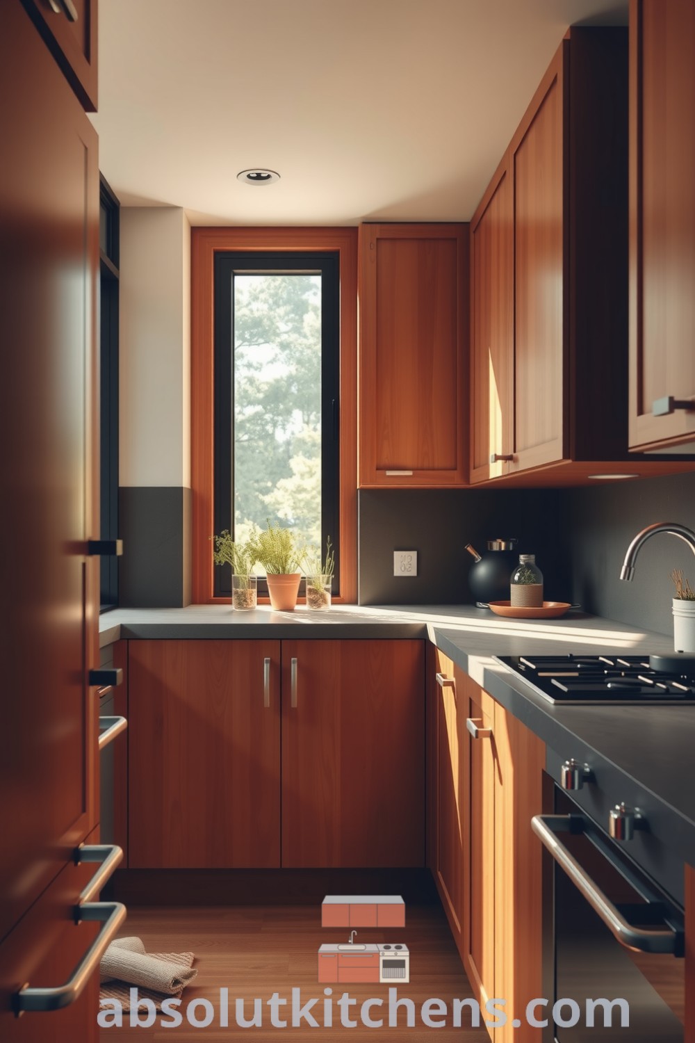 Minimalist kitchen in warm brown tones with wooden cabinets, a concrete countertop, and natural light illuminating potted herbs, creating a cozy home atmosphere filled with inspiring decor ideas from fireplacesandwoodstoves.com.