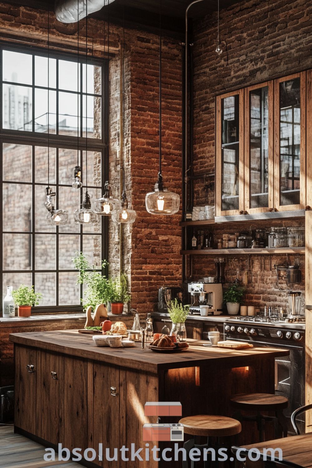 Urban loft kitchen design on absolutkitchens.com showcasing wooden cabinetry, vintage lighting, and cozy aesthetic with inspiring loft kitchen ideas and decor ideas for small spaces.