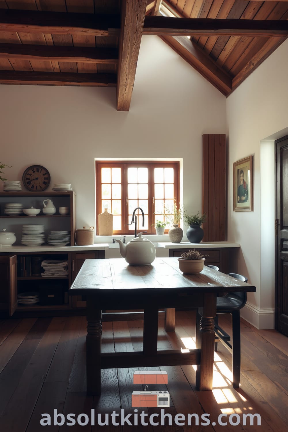Cozy rustic kitchen featuring warm white walls, wooden beams, and a farmhouse table, with ceramic dishes on shelves, offering inspiring decor ideas for a welcoming home atmosphere at fireplacesandwoodstoves.com.